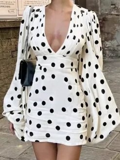 Date Night Dresses Mini Pleated Long Sleeves Polka Dot V-Neck Flared Sleeves Elegant Dress