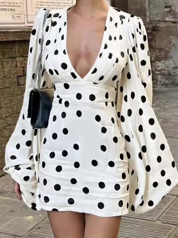 Date Night Dresses Mini Pleated Long Sleeves Polka Dot V-Neck Flared Sleeves Elegant Dress