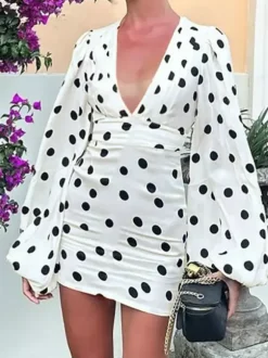 Date Night Dresses Mini Pleated Long Sleeves Polka Dot V-Neck Flared Sleeves Elegant Dress