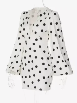 Date Night Dresses Mini Pleated Long Sleeves Polka Dot V-Neck Flared Sleeves Elegant Dress