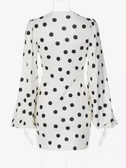 Date Night Dresses Mini Pleated Long Sleeves Polka Dot V-Neck Flared Sleeves Elegant Dress