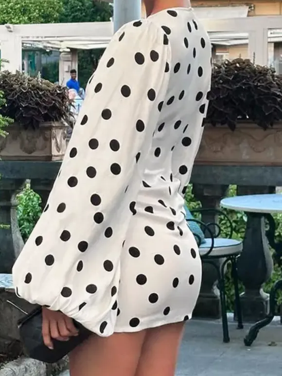 Date Night Dresses Mini Pleated Long Sleeves Polka Dot V-Neck Flared Sleeves Elegant Dress