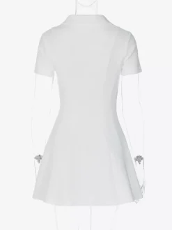 Date Night Dresses Mini Pleated Short Sleeves V-Neck Casual Ecru White Dress