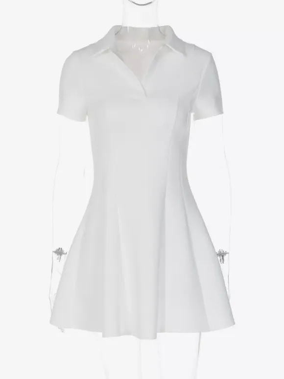 Date Night Dresses Mini Pleated Short Sleeves V-Neck Casual Ecru White Dress