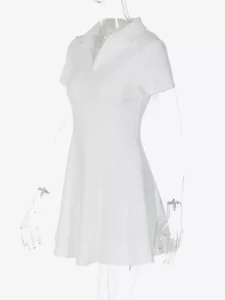 Date Night Dresses Mini Pleated Short Sleeves V-Neck Casual Ecru White Dress