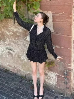 Date Night Dresses Mini Pleated Long Sleeves V-Neck Casual Black Dress