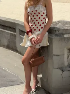 Date Night Dresses Mini Sleeveless Polka Dot Straps Neck Sexy Blue Dress