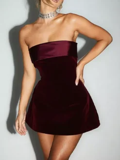 Date Night Dresses Mini Sleeveless Strapless Chic Burgundy Summer Dress