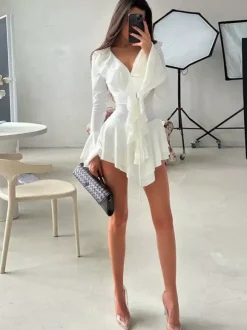 Date Night Dresses Mini Strappy Ruffles Long Sleeves V-Neck Flared Sleeves Chic Black Dress