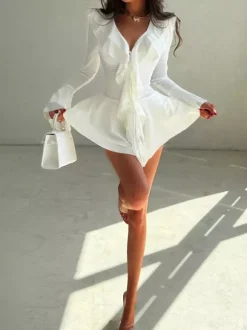Date Night Dresses Mini Strappy Ruffles Long Sleeves V-Neck Flared Sleeves Chic Black Dress