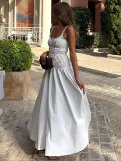 Date Night Dresses Shaping Pleated Sleeveless Straps Neck Casual White Dress