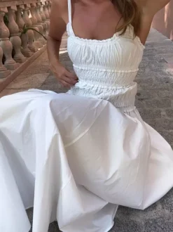 Date Night Dresses Shaping Pleated Sleeveless Straps Neck Casual White Dress