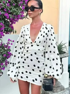 Date Night Dresses Summer Long Sleeves Polka Dot V-Neck Puff Sleeves Casual White Mini Dress