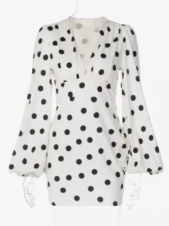 Date Night Dresses Summer Long Sleeves Polka Dot V-Neck Puff Sleeves Casual White Mini Dress