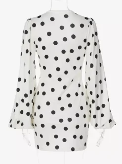 Date Night Dresses Summer Long Sleeves Polka Dot V-Neck Puff Sleeves Casual White Mini Dress