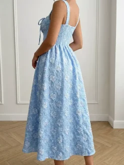 Date Night Maxi Dress Lace Up Sleeveless Backless Square Neck Sweet Blue Dress