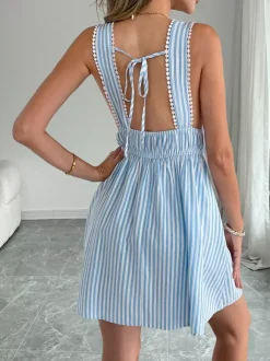 Date Night Mini Dresses Sleeveless Backless Stripes V-Neck Sexy Blue Summer Dresses