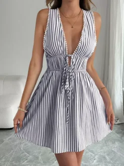 Date Night Mini Dresses Sleeveless Backless Stripes V-Neck Sexy Blue Summer Dresses