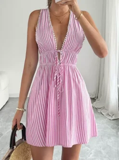 Date Night Mini Dresses Sleeveless Backless Stripes V-Neck Sexy Blue Summer Dresses