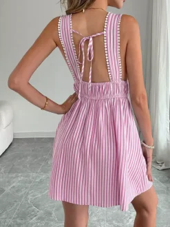 Date Night Mini Dresses Sleeveless Backless Stripes V-Neck Sexy Blue Summer Dresses