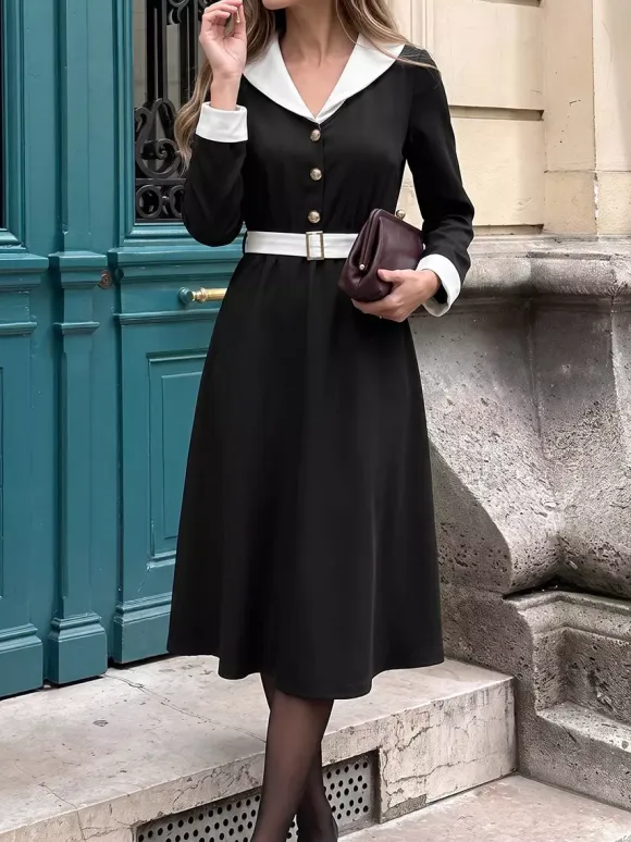 Date Night Dresses Black Contrast White Lapel Midi Long Sleeve Button Waist A-Line Vintage Dress