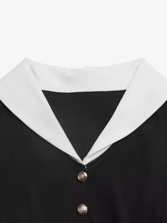 Date Night Dresses Black Contrast White Lapel Midi Long Sleeve Button Waist A-Line Vintage Dress