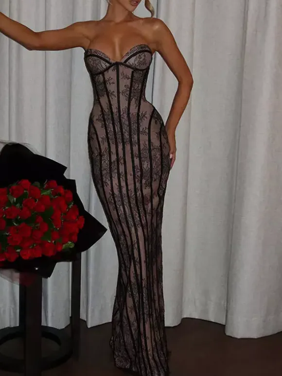 Date Night Dresses Bodycon Maxi Lace Sleeveless Backless Strapless Sexy Burgundy Dress
