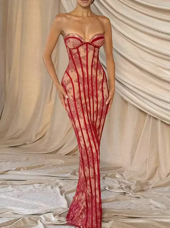 Date Night Dresses Bodycon Maxi Lace Sleeveless Backless Strapless Sexy Burgundy Dress