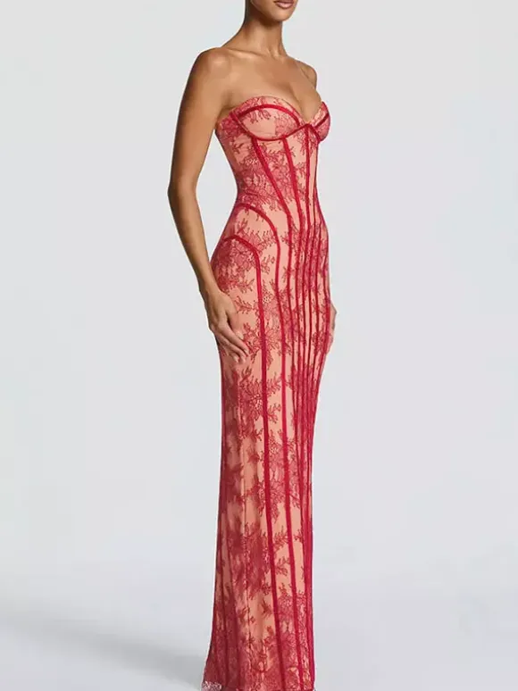 Date Night Dresses Bodycon Maxi Lace Sleeveless Backless Strapless Sexy Burgundy Dress