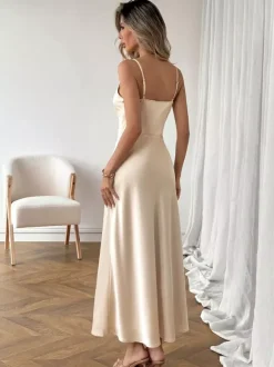 Date Night Dresses Champagne Satin Slip Spaghetti Straps Bridesmaid Evening Midi Dress