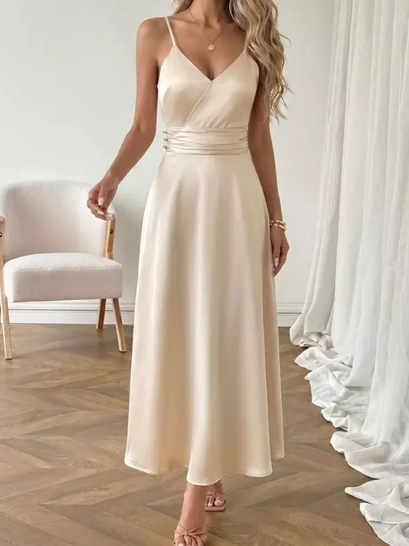 Date Night Dresses Champagne Satin Slip Spaghetti Straps Bridesmaid Evening Midi Dress