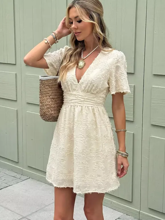 Date Night Dresses Light Apricot 3D Feather Texture V Neck Ruffle Sleeve Elastic Waist Loose Summer Mini Dress