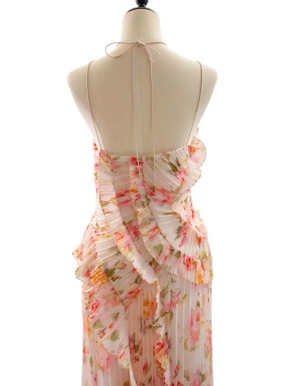 Date Night Dresses Maxi Asymmetrical Pleated Ruffles Sleeveless Floral Print Halter Elegant Dress