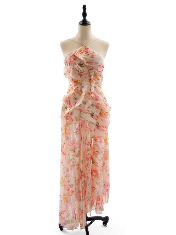 Date Night Dresses Maxi Asymmetrical Pleated Ruffles Sleeveless Floral Print Halter Elegant Dress