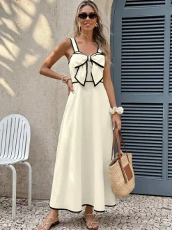 Date Night Dresses Maxi Backless Pleated Bows Sleeveless Off-The-Shoulder Sweet Ecru White Dress