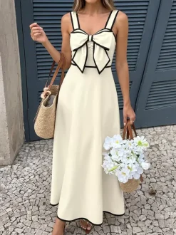 Date Night Dresses Maxi Backless Pleated Bows Sleeveless Off-The-Shoulder Sweet Ecru White Dress