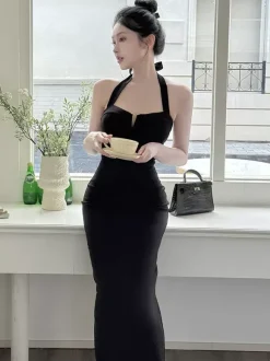 Date Night Dresses Maxi Backless Lace Up Sleeveless Halter Elegant Black Dress