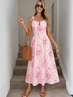 Date Night Dresses Maxi Backless Lace Up Ruffles Sleeveless Floral Print Off-The-Shoulder Chic Pink Dress