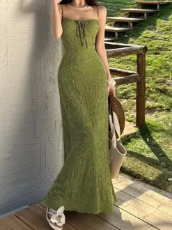 Date Night Dresses Maxi Backless Strappy Zipper Sleeveless Floral Print Off-The-Shoulder Sweet Green Dress