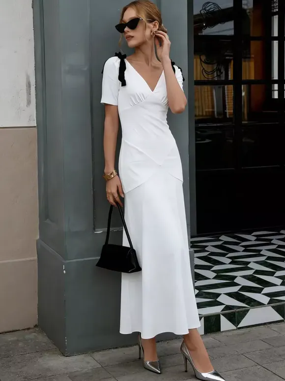 Date Night Dresses Maxi Bows Short Sleeves Two-Tone V-Neck Elegant White Dress