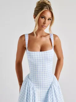 Date Night Dresses Maxi Plaid Straps Square Neck Swing Sweet Red Dress