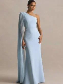 Date Night Dresses Maxi Split Front Sleeveless One-Shoulder Casual Blue Dress