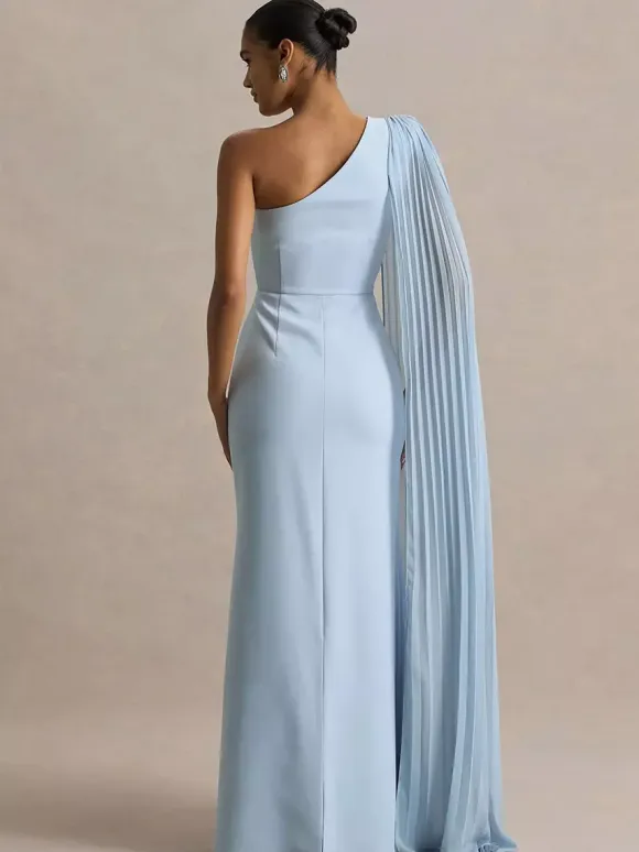 Date Night Dresses Maxi Split Front Sleeveless One-Shoulder Casual Blue Dress