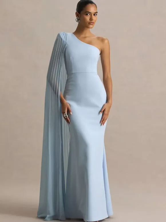 Date Night Dresses Maxi Split Front Sleeveless One-Shoulder Casual Blue Dress