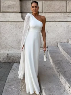 Date Night Dresses Maxi Split Front Sleeveless One-Shoulder Casual Blue Dress