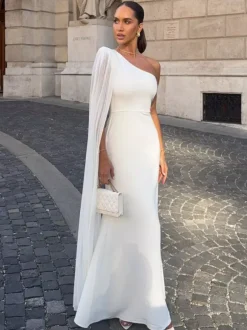 Date Night Dresses Maxi Split Front Sleeveless One-Shoulder Casual Blue Dress