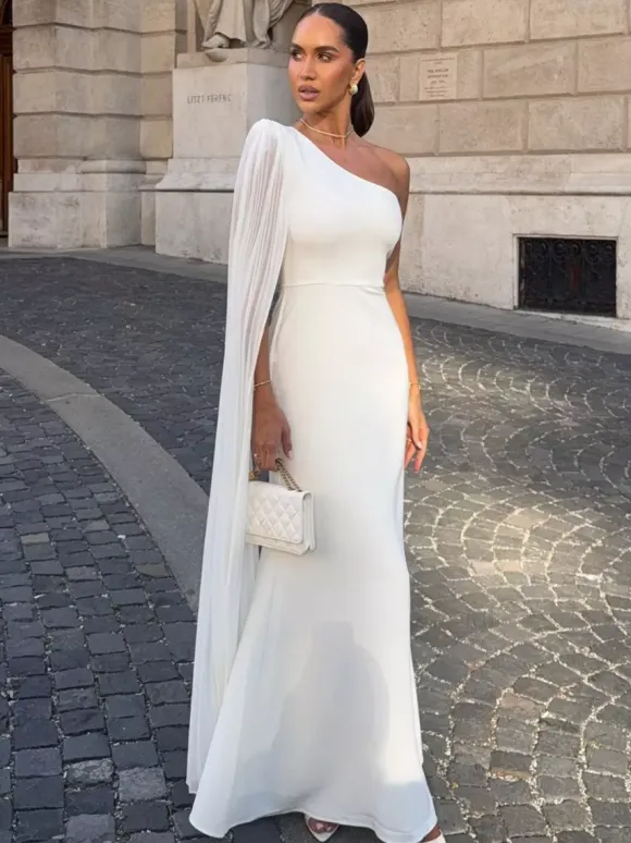 Date Night Dresses Maxi Split Front Sleeveless One-Shoulder Casual Blue Dress