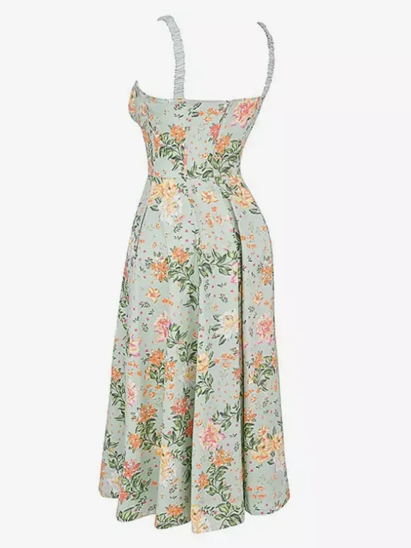Date Night Dresses Midi Backless Flowers Drawstring Sleeveless Floral Print V-Neck Casual Green Dress