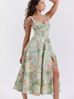 Date Night Dresses Midi Backless Flowers Drawstring Sleeveless Floral Print V-Neck Casual Green Dress