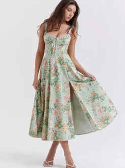 Date Night Dresses Midi Backless Flowers Drawstring Sleeveless Floral Print V-Neck Casual Green Dress